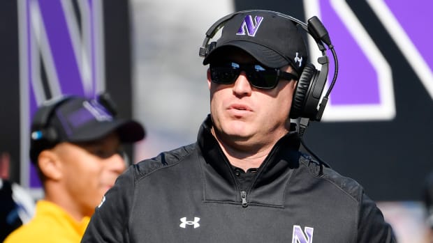 Oct 16, 2021; Evanston, Illinois, USA; Northwestern Wildcats head coach Pat Fitzgerald looks on in the first half against the Rutgers Scarlet Knights at Ryan Field. Mandatory Credit: Quinn Harris-USA TODAY Sports